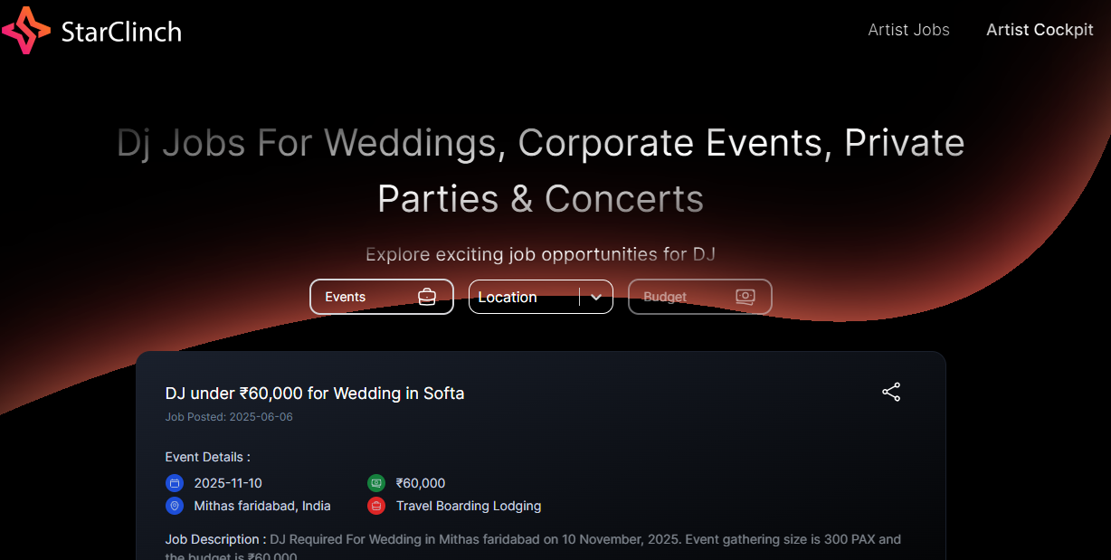 Screenshot showcasing DJ jobs for artists