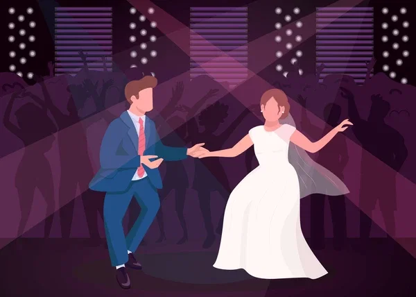 An illustration depicts a newlywed couple dancing under spotlights at a wedding reception, with silhouetted guests in the background.
