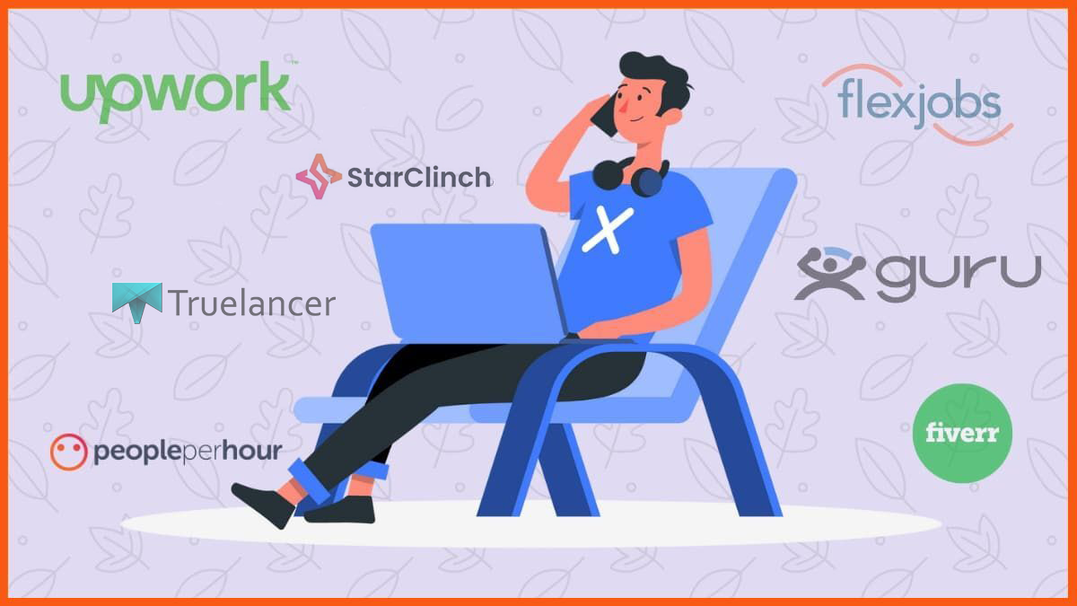 A graphic illustration of a person working on a laptop, surrounded by logos of freelancing platforms like StarClinch, Truelancer, and Guru etc. 